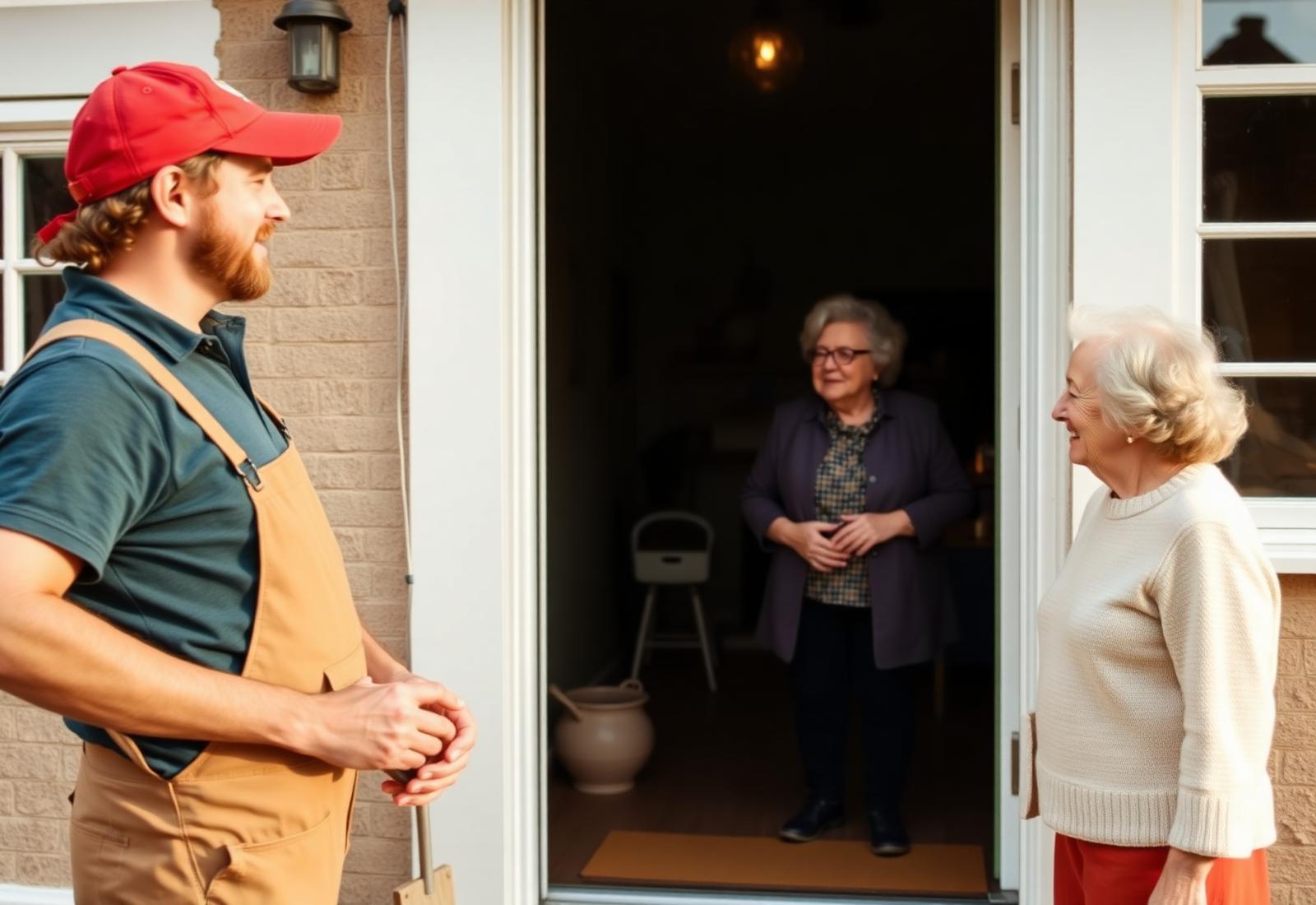 Een dienstverlener en een oudere bewoonster begroeten elkaar bij de voordeur